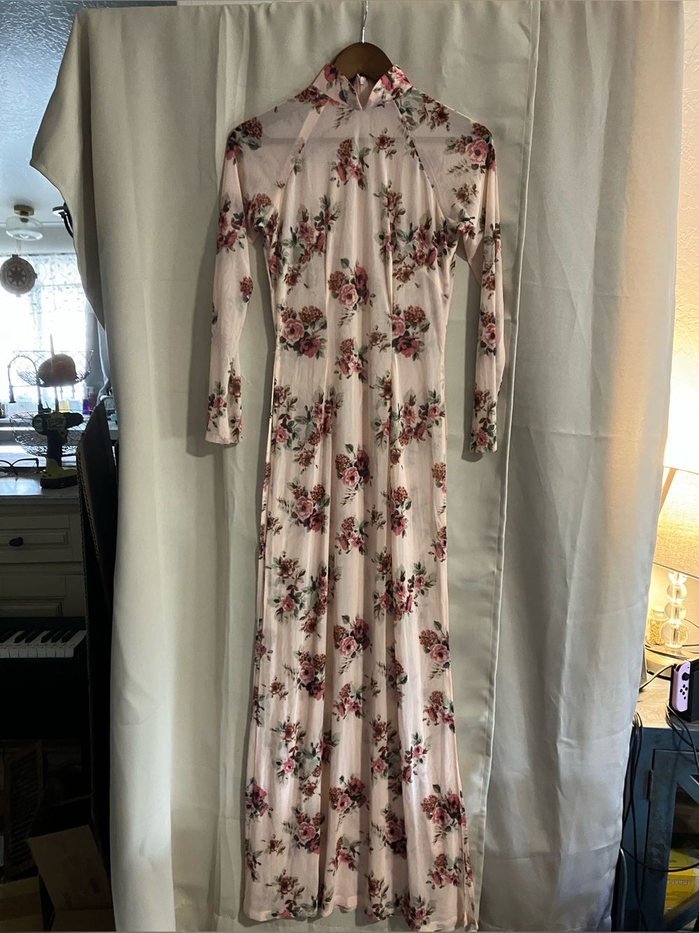 Floral Long Sleeve Tunic Mesh Dress with Side Slits- Pink Floral